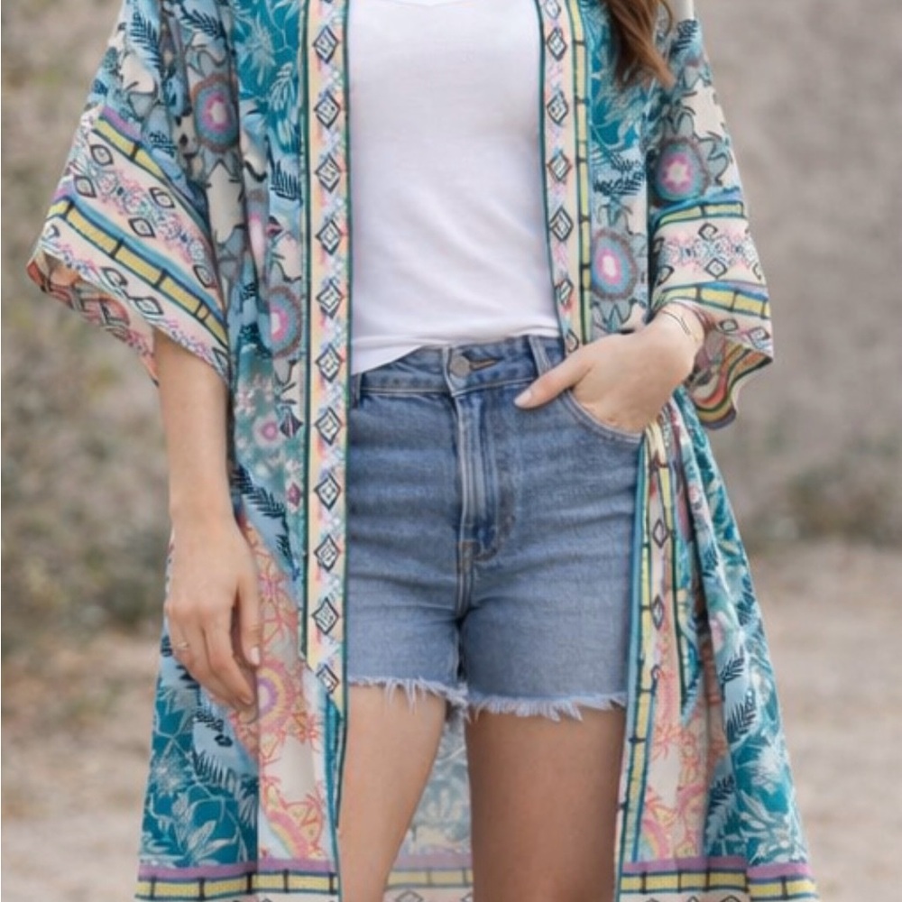 Umgee Multicolor Teal Yellow Floral Open-Front Kimono